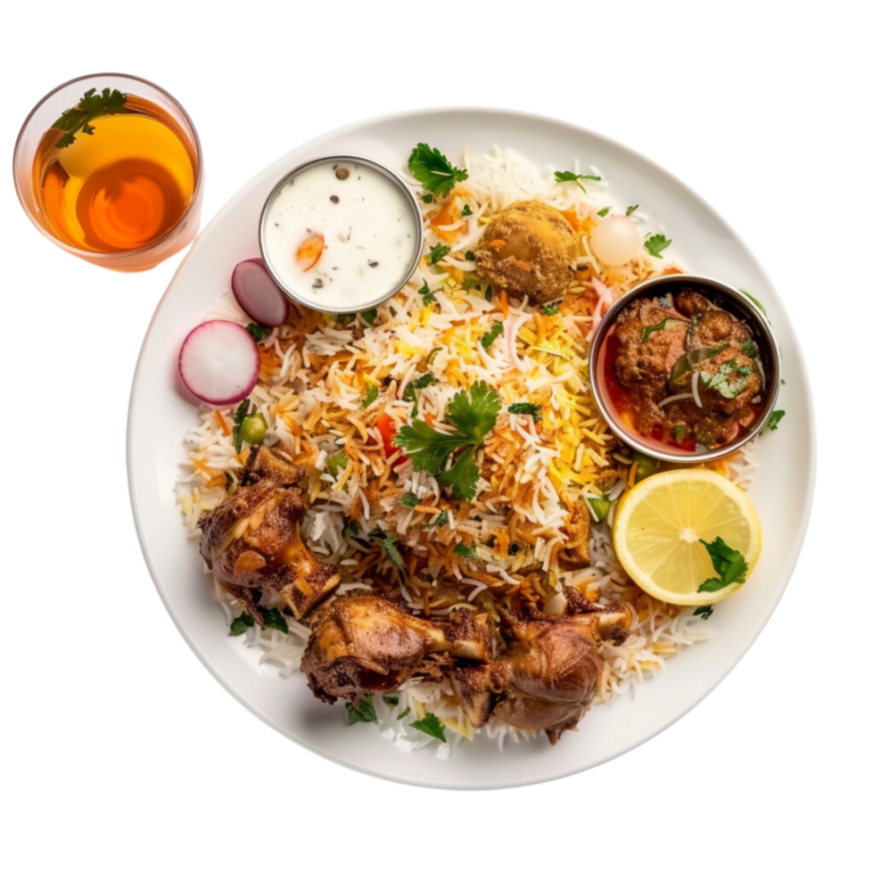 A delicious mutton biriyani plate with a cold drinks and a glass of borhani on a transparent background png