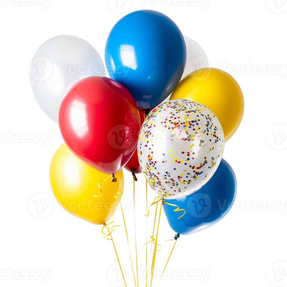 Blue, yellow, red and white balloon with confetti png