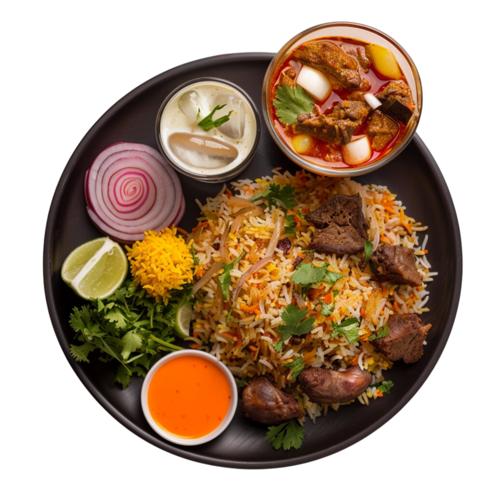 A Mutton biriyani plate with a cold drinks and a glass of borhani png