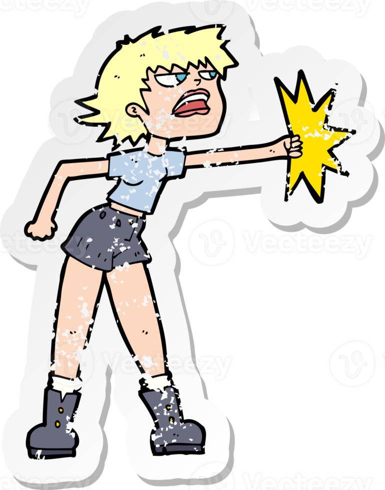 retro distressed sticker of a cartoon woman punching drawing png