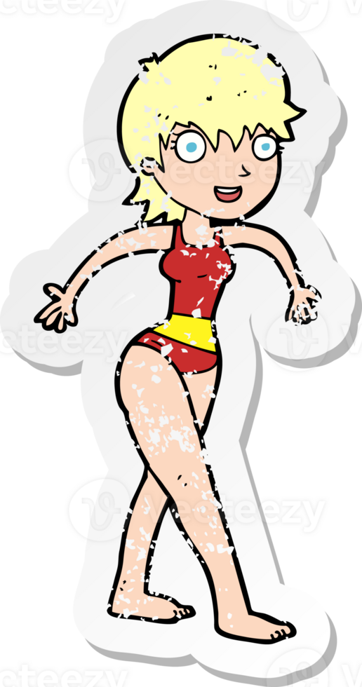retro distressed sticker of a cartoon happy woman in swimming costume drawing png
