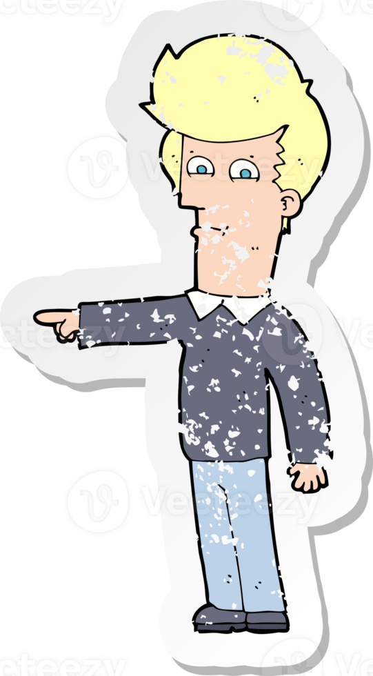 retro distressed sticker of a cartoon man pointing drawing png