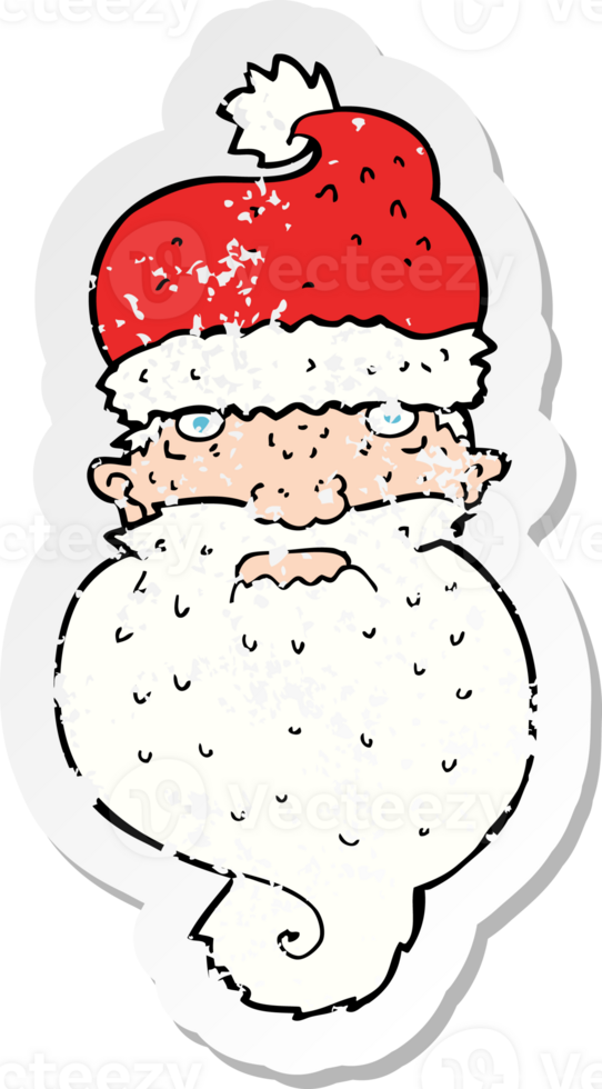 retro distressed sticker of a cartoon grim santa face drawing png