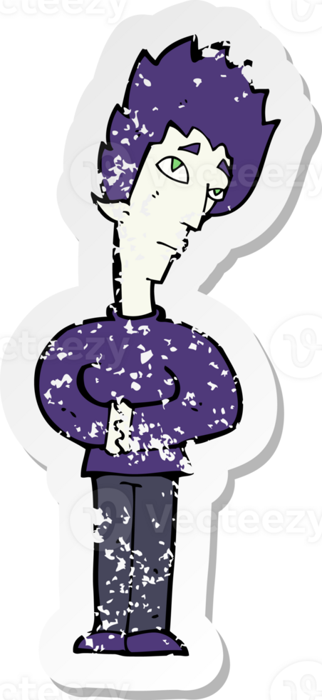 retro distressed sticker of a cartoon curious vampire drawing png