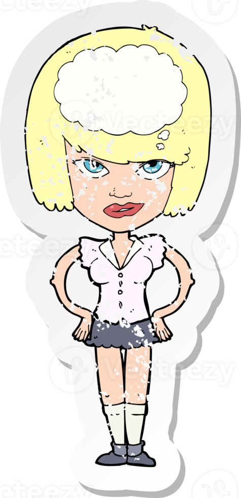 retro distressed sticker of a cartoon woman thinking drawing png