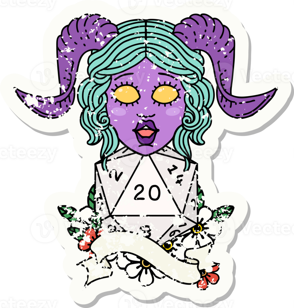grunge sticker of a tiefling with natural twenty dice roll drawing png