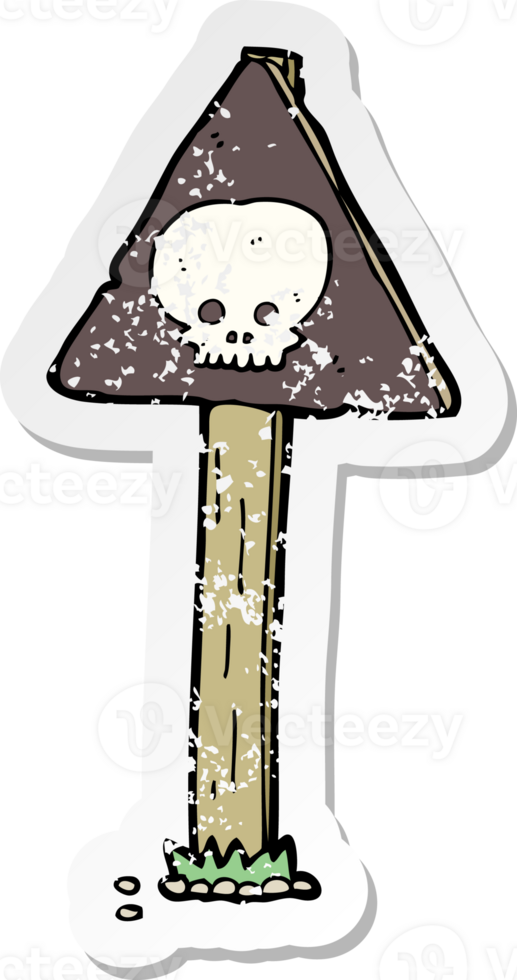 retro distressed sticker of a cartoon spooky skull signpost drawing png