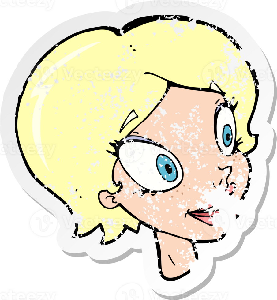 retro distressed sticker of a cartoon pretty female face drawing png