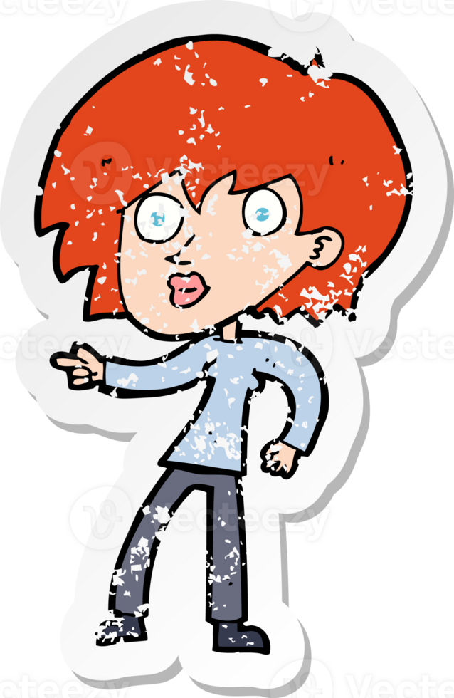 retro distressed sticker of a cartoon surprised woman pointing drawing png