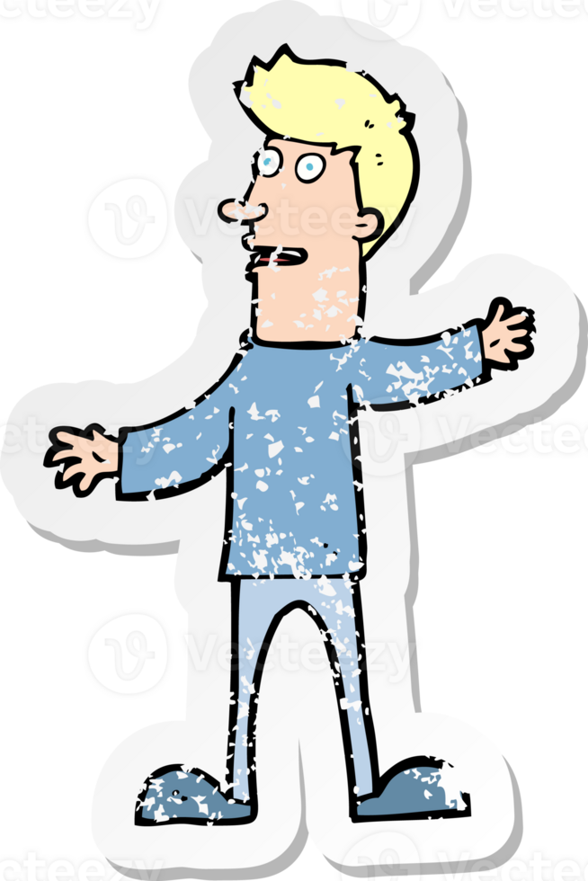 retro distressed sticker of a cartoon surprised man drawing png