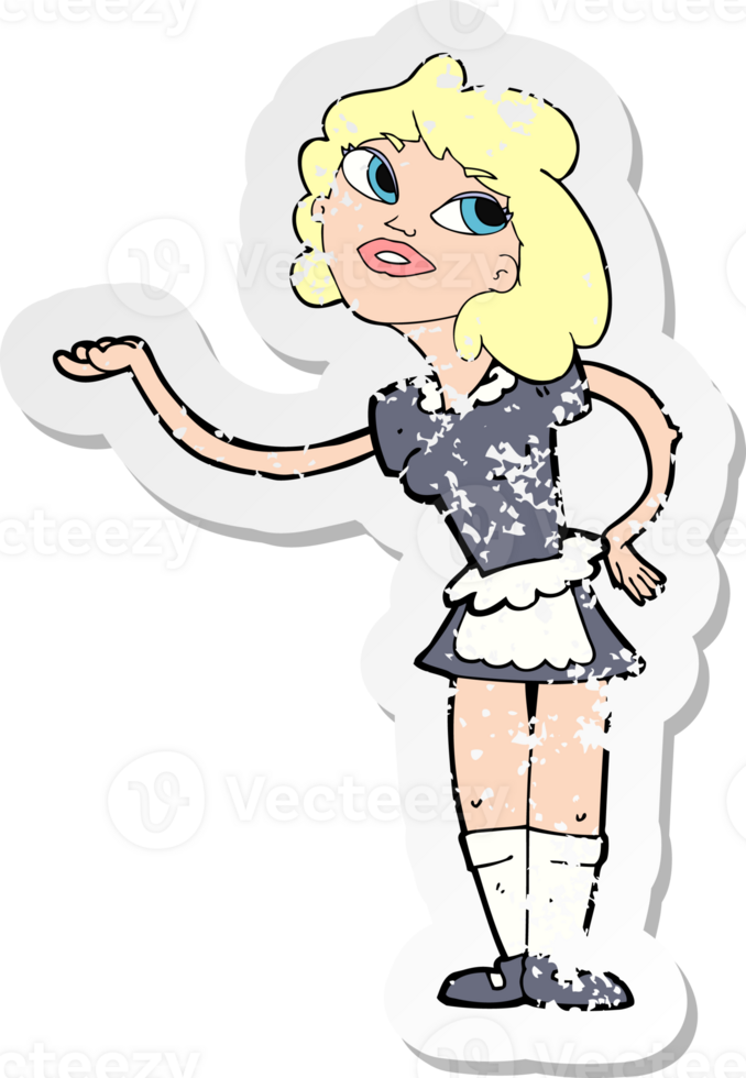 retro distressed sticker of a cartoon waitress serving drawing png