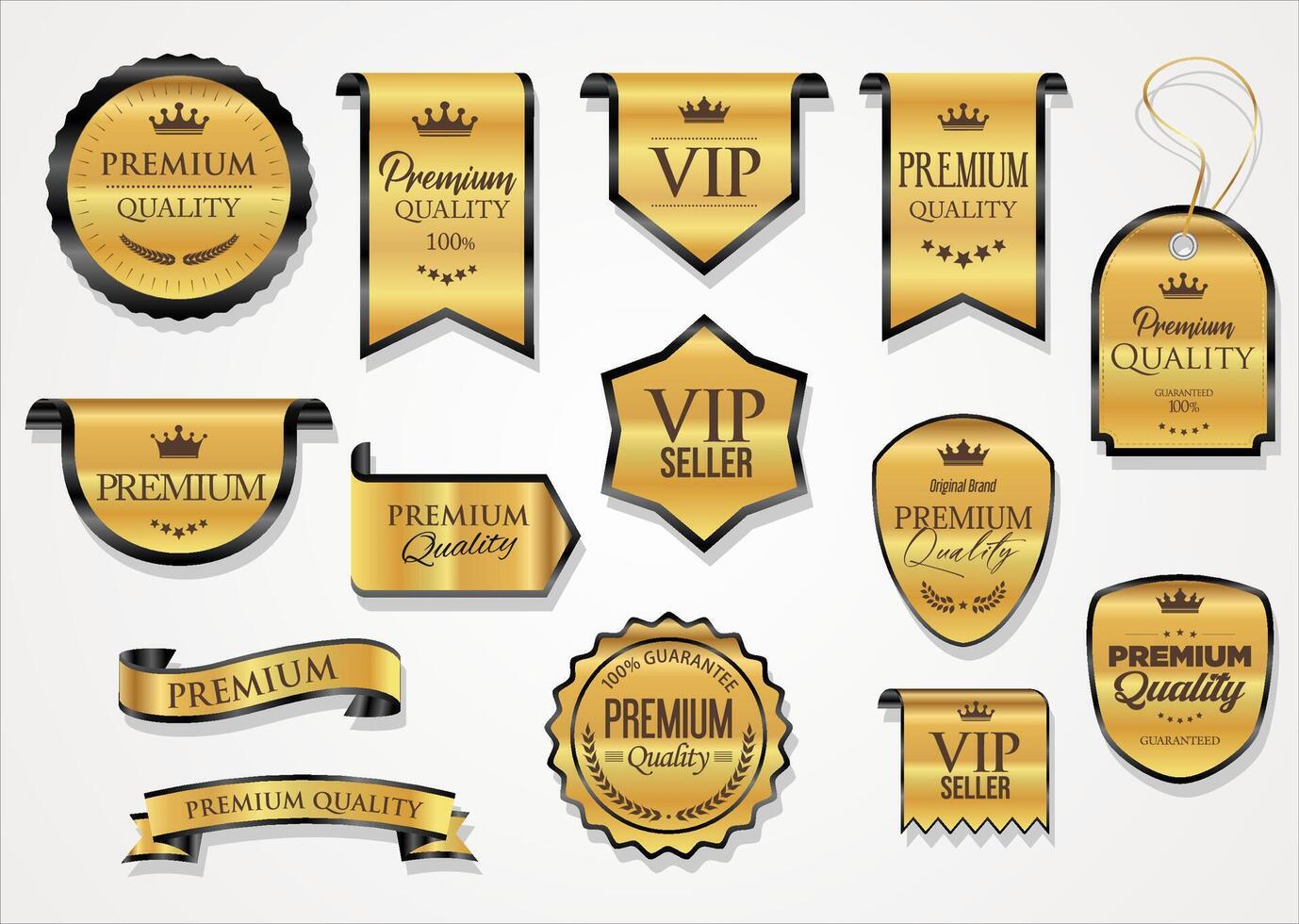 Golden luxury labels and badges gold premium quality certificate ribbons illustration vector