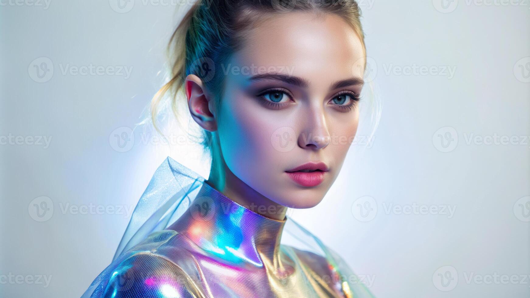 Beautiful female model in holographic clothes photo