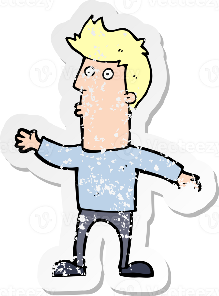 retro distressed sticker of a cartoon surprised man drawing png