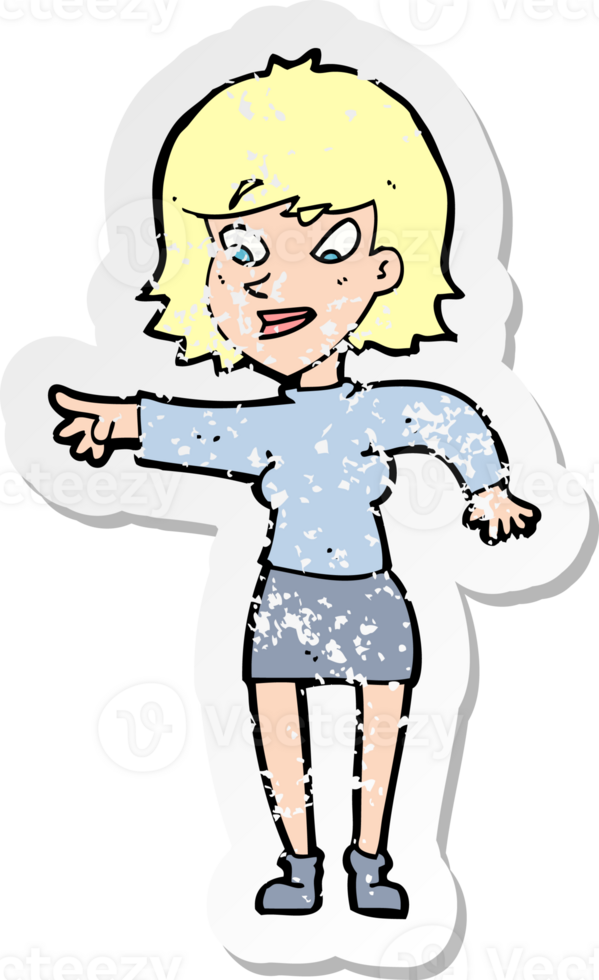 retro distressed sticker of a cartoon woman pointing drawing png