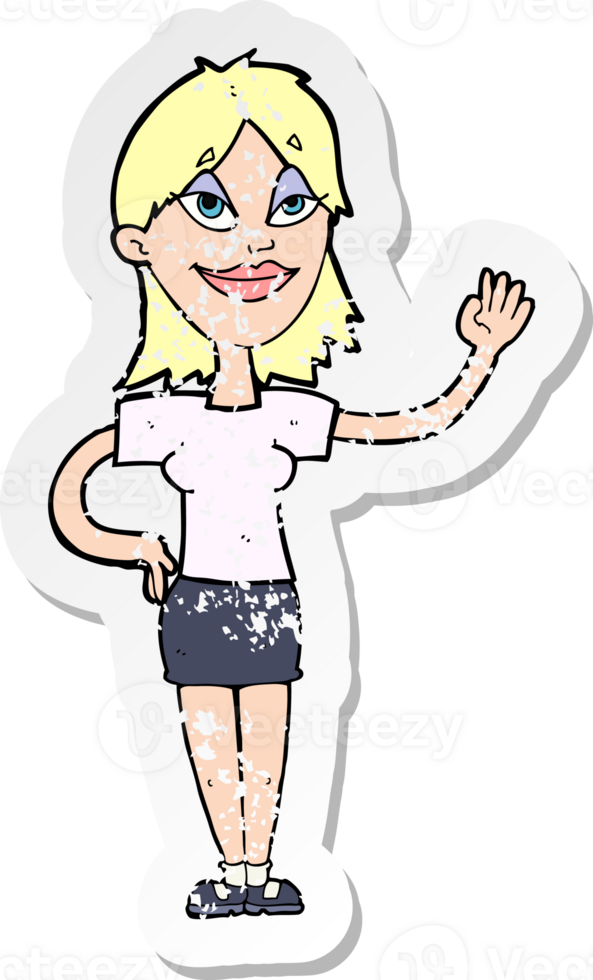 retro distressed sticker of a cartoon woman waving drawing png