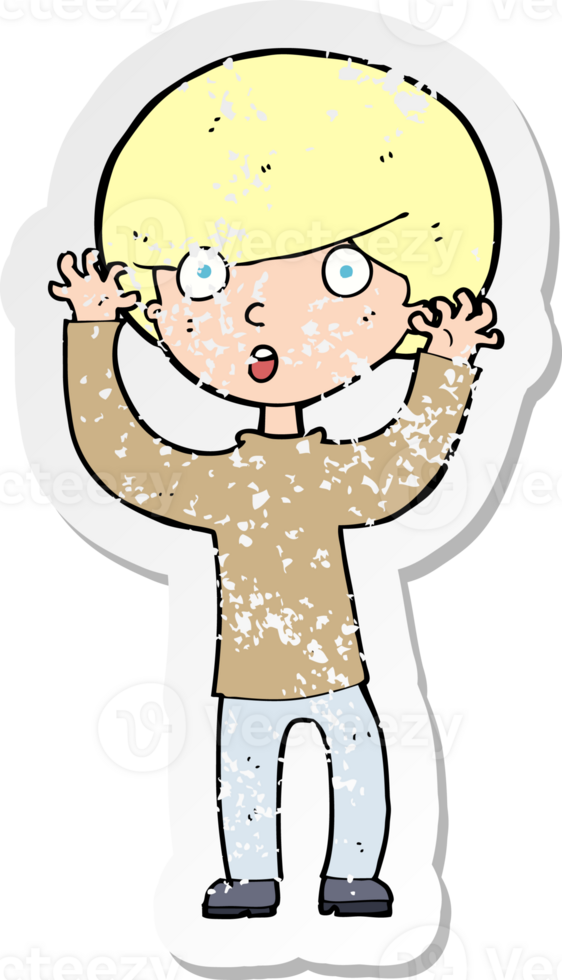 retro distressed sticker of a cartoon startled boy drawing png