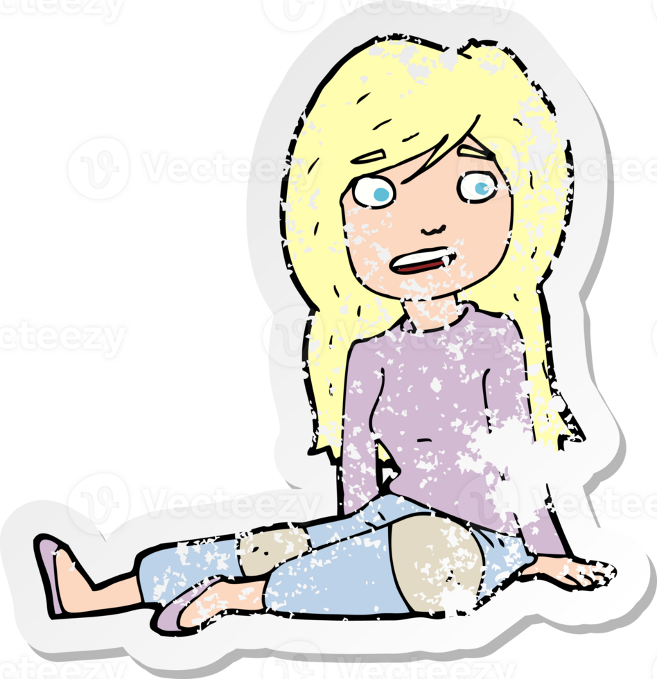 retro distressed sticker of a cartoon girl sitting on floor drawing png