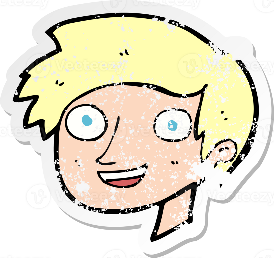 retro distressed sticker of a cartoon happy boy face drawing png