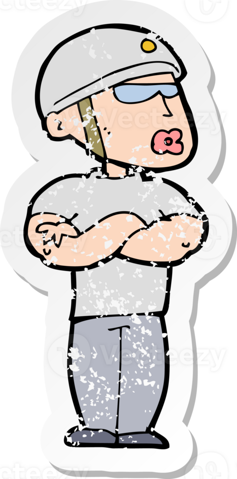 retro distressed sticker of a cartoon security guard drawing png