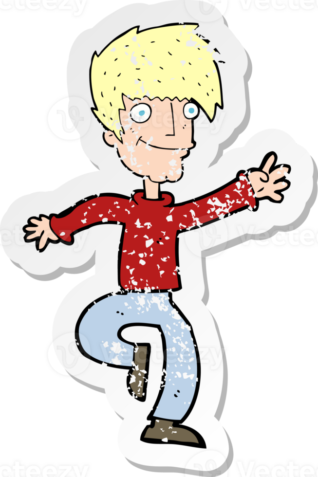 retro distressed sticker of a cartoon happy man dancing drawing png