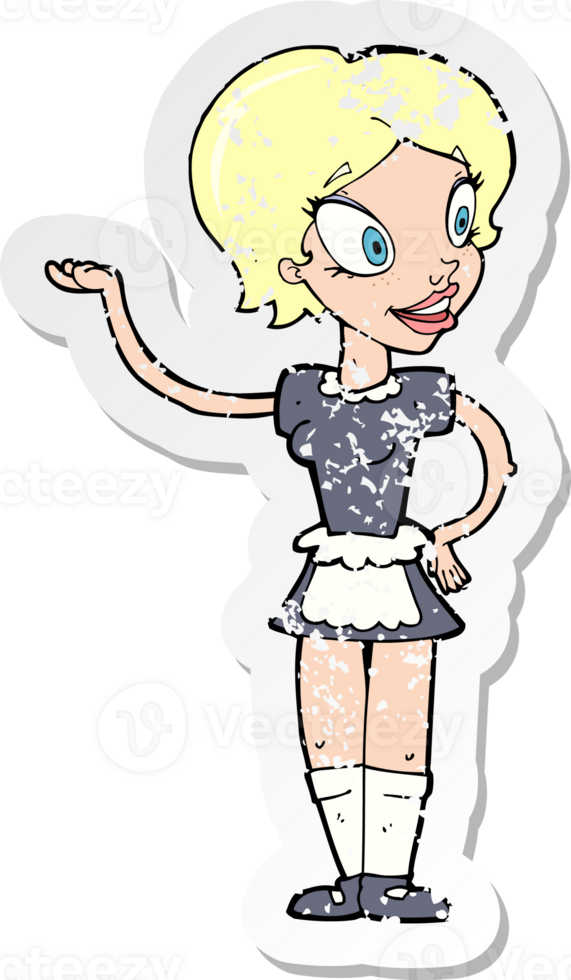 retro distressed sticker of a cartoon woman in maid costume drawing png