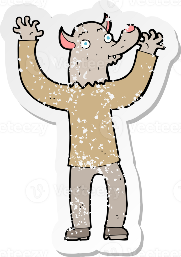 retro distressed sticker of a cartoon happy werewolf man drawing png
