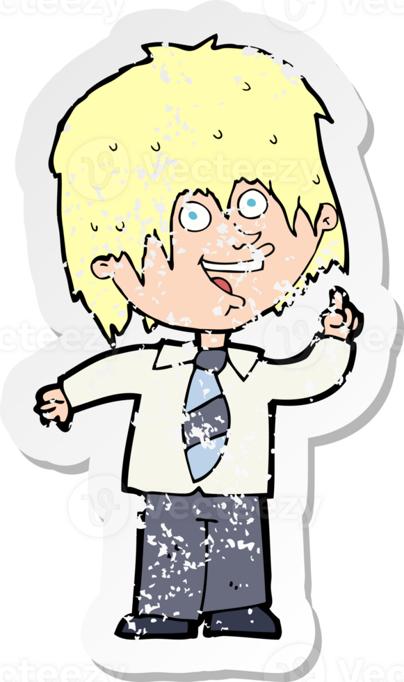 retro distressed sticker of a cartoon school boy with idea drawing png