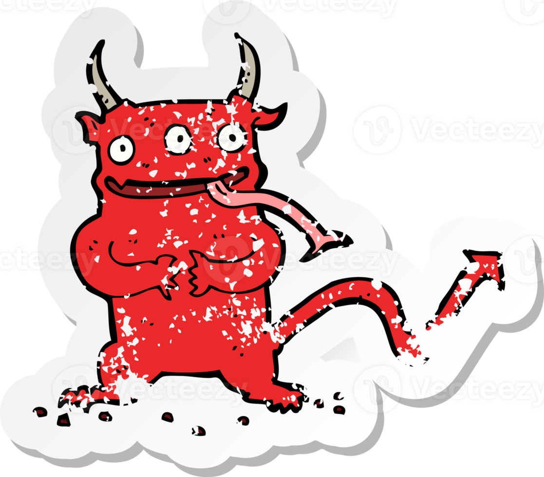 retro distressed sticker of a cartoon little demon drawing png