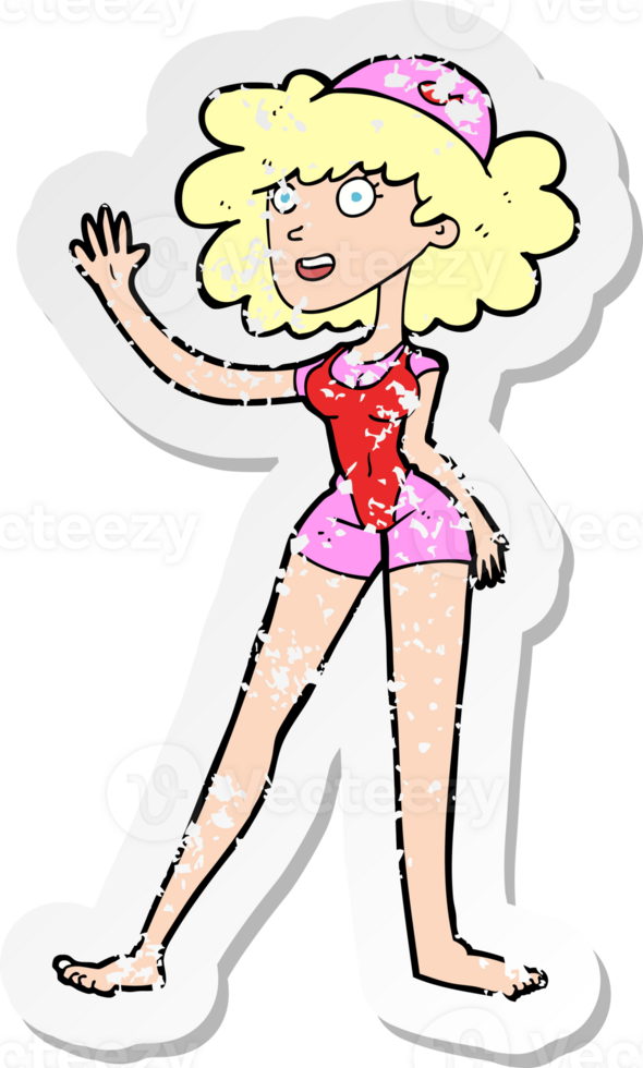 retro distressed sticker of a cartoon swimmer woman drawing png