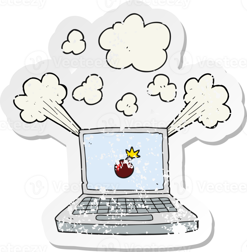 retro distressed sticker of a cartoon laptop computer with bomb symbol drawing png