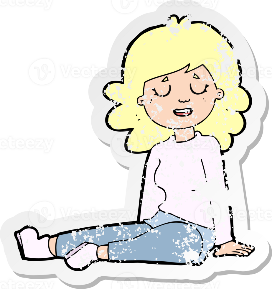 retro distressed sticker of a cartoon happy woman sitting on floor drawing png