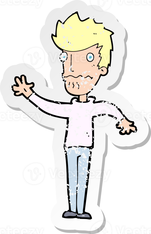 retro distressed sticker of a cartoon worried man reaching out drawing png