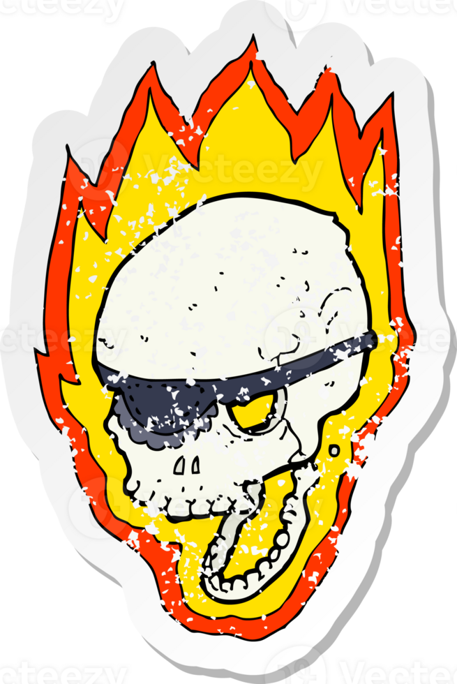 retro distressed sticker of a cartoon flaming pirate skull drawing png