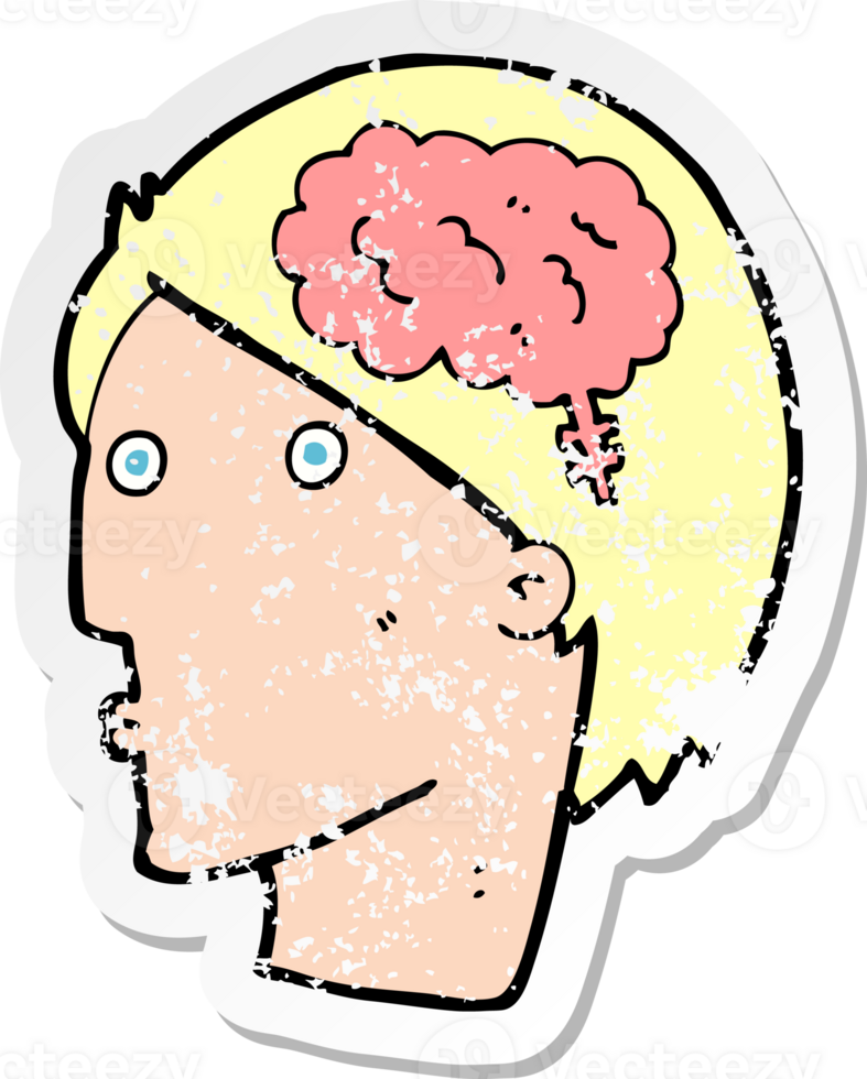 retro distressed sticker of a cartoon man with brain symbol drawing png