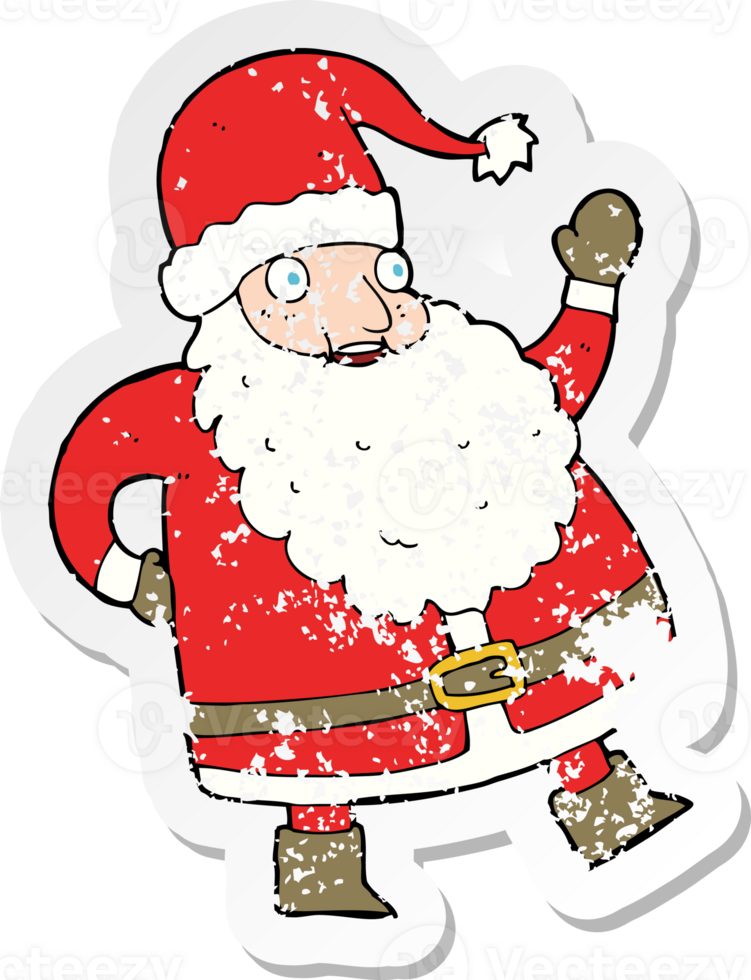 retro distressed sticker of a funny waving santa claus cartoon drawing png