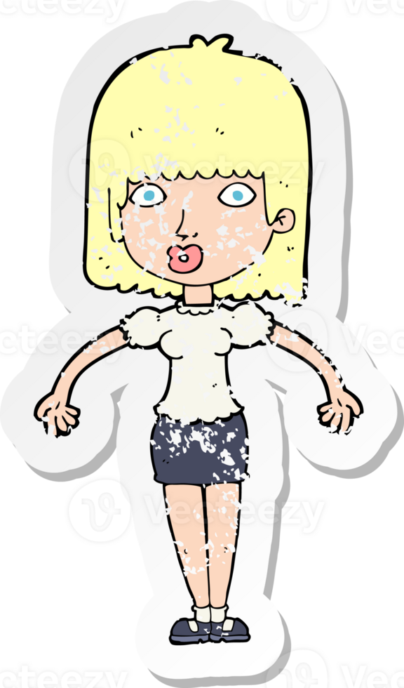 retro distressed sticker of a cartoon woman shrugging shoulders drawing png