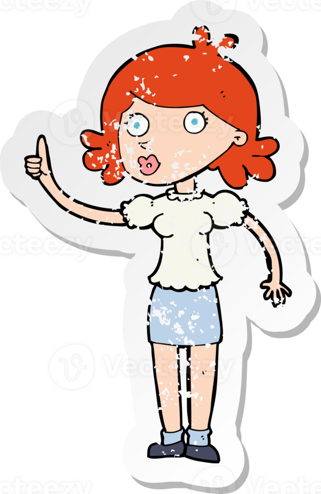 retro distressed sticker of a cartoon woman with idea drawing png