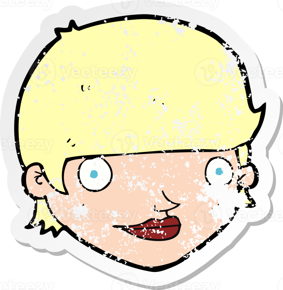 retro distressed sticker of a cartoon happy female face drawing png