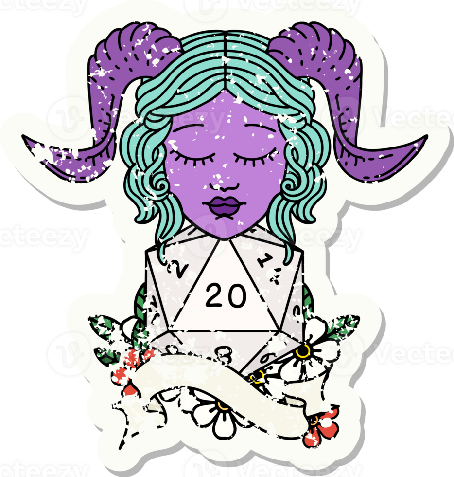 grunge sticker of a tiefling with natural twenty dice roll drawing png