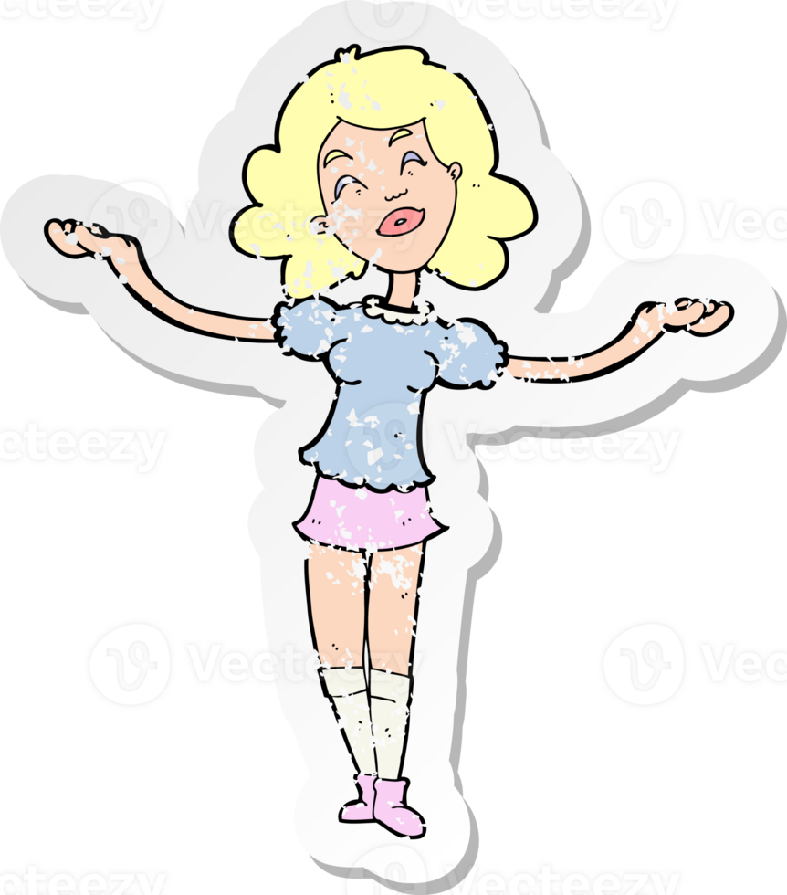 retro distressed sticker of a cartoon woman taking praise drawing png