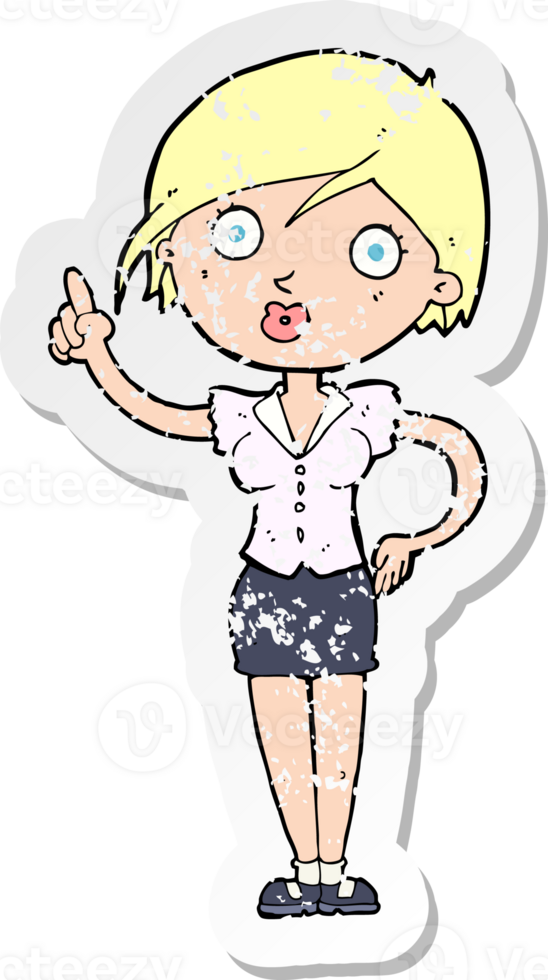 retro distressed sticker of a cartoon pretty woman with idea drawing png