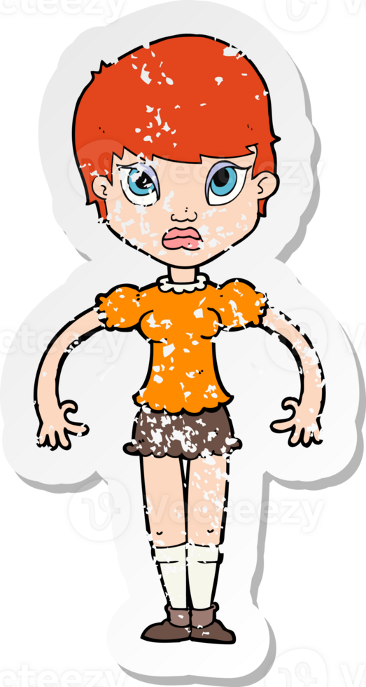 retro distressed sticker of a cartoon woman looking annoyed drawing png