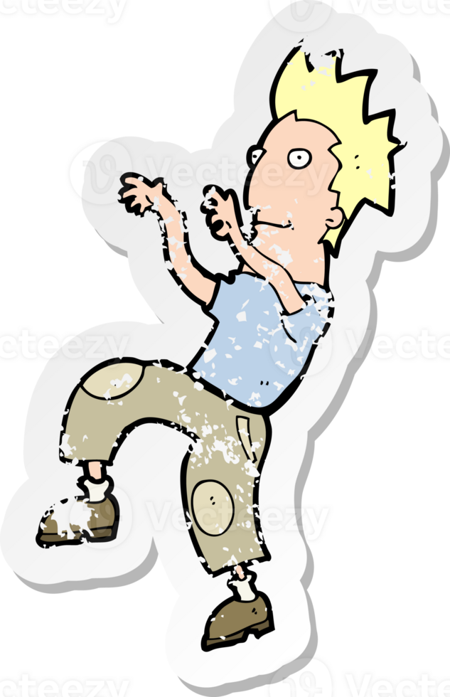retro distressed sticker of a cartoon happy man doing funny dance drawing png