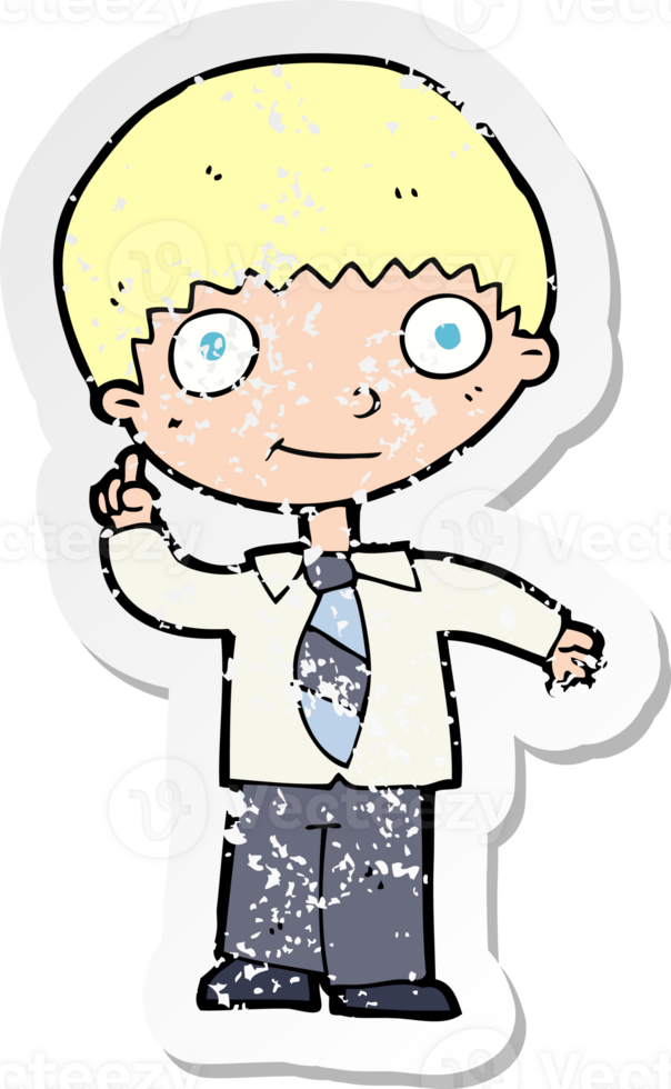 retro distressed sticker of a cartoon school boy with idea drawing png