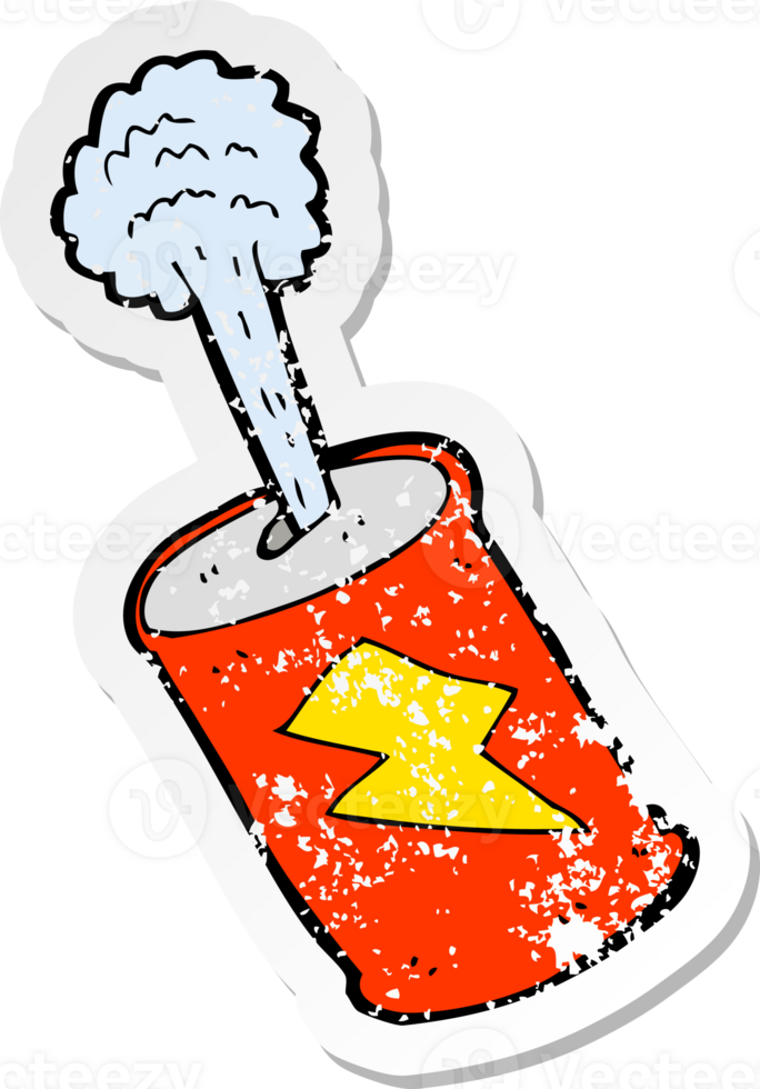 retro distressed sticker of a cartoon fizzing soda can drawing png