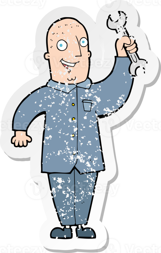 retro distressed sticker of a cartoon mechanic drawing png