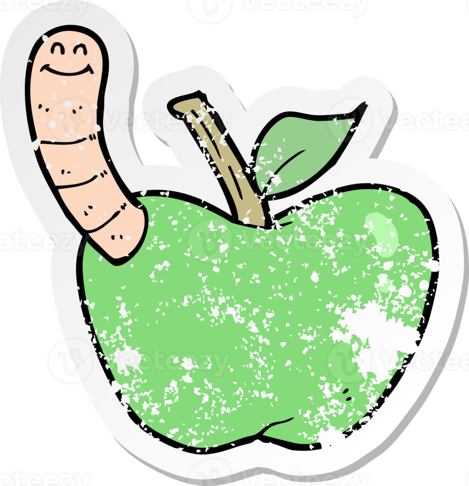 retro distressed sticker of a cartoon apple with worm drawing png