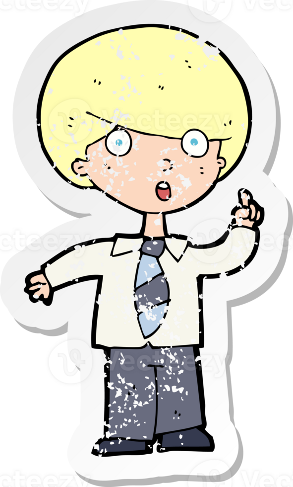 retro distressed sticker of a cartoon school boy answering question drawing png