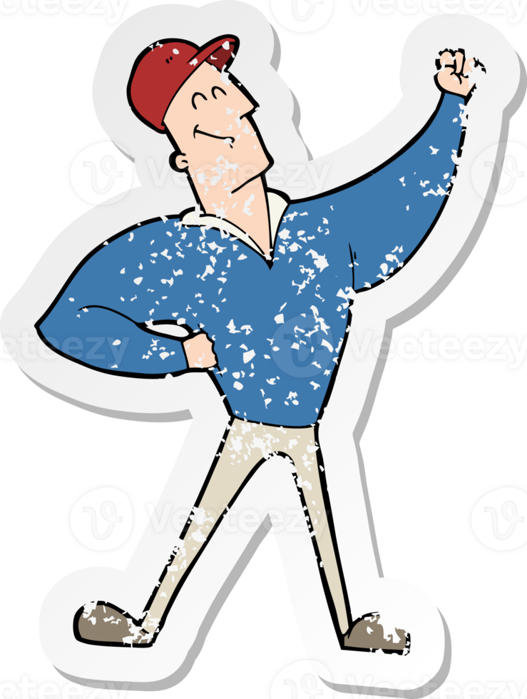 retro distressed sticker of a cartoon man striking heroic pose drawing png